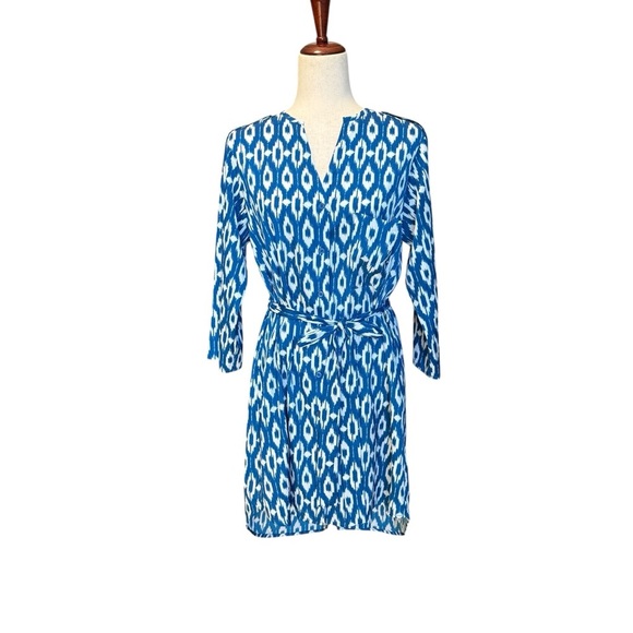 Anthropologie Maeve Ikat Blue Patterned Women's Belted Shirt Dress. Size S #1612 - Picture 3 of 7